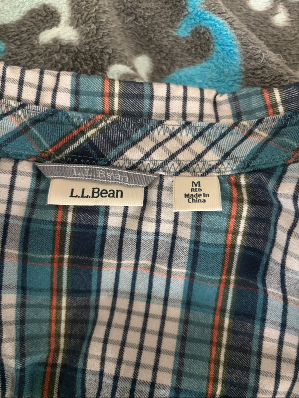 L.L. Bean Teal, White & Blue Plaid Flannel Button-Down Shirt - Picture 6 of 6